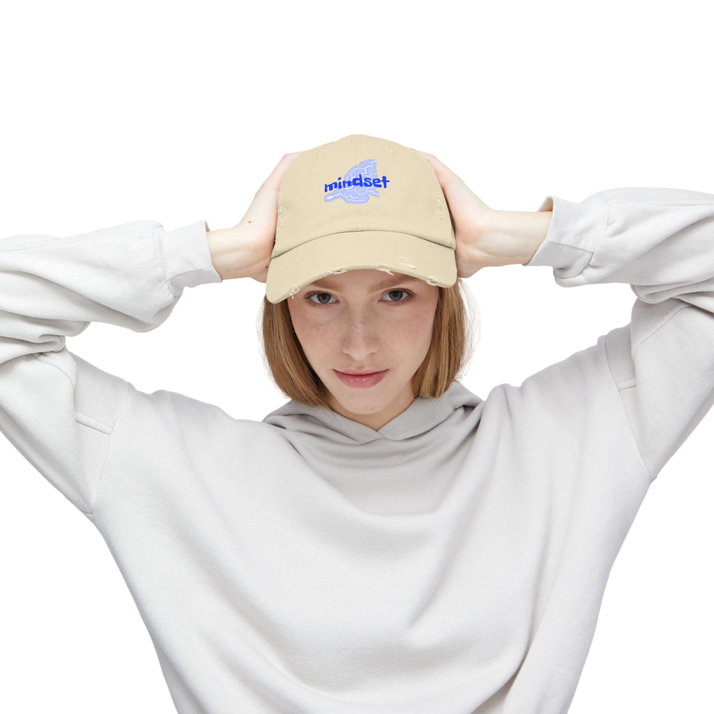 Mindset Distressed Baseball Cap – Washed Vintage Dad Hat with Blue Brain Graphic