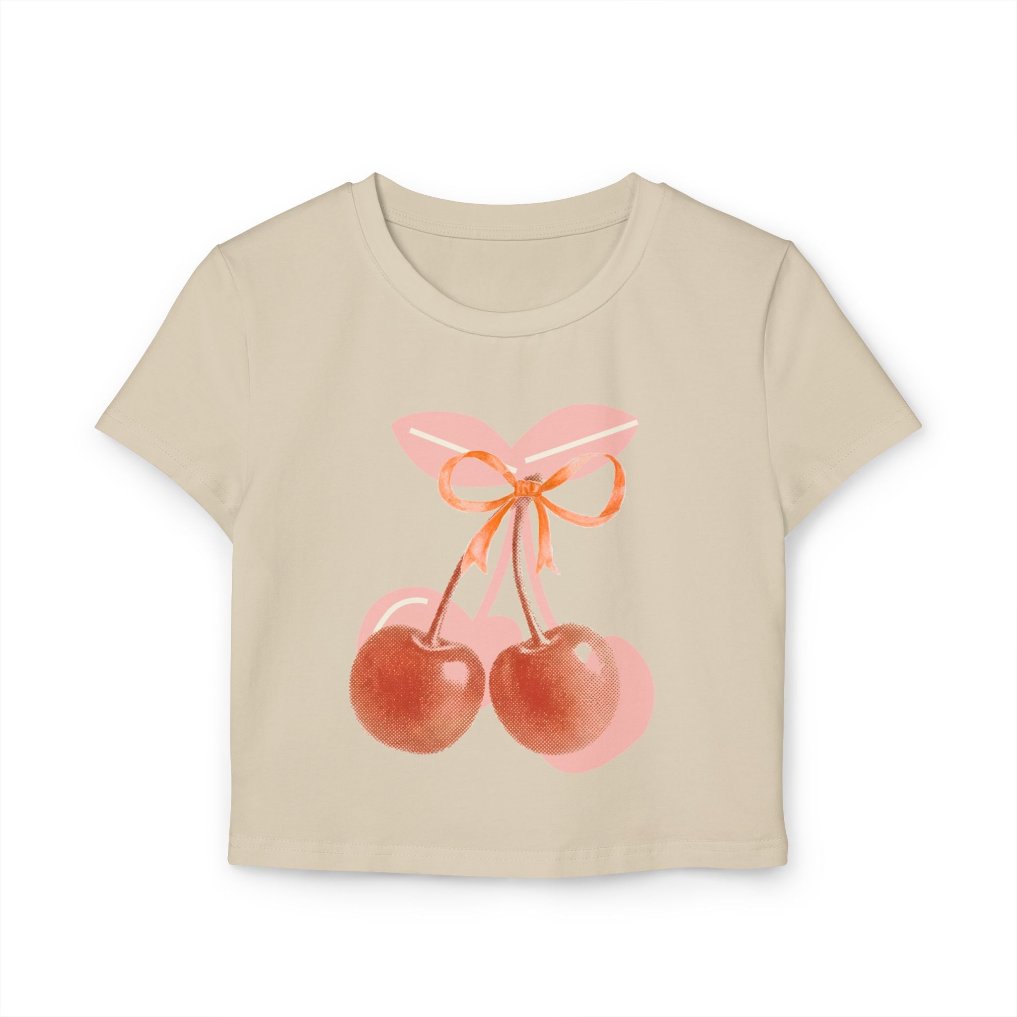 Cherry Bow Crop Tee — Cute Pink Watercolor Fruit Graphic Women's Baby Tee