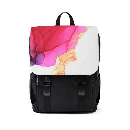 Watercolor Pink & Gold Flap Backpack — Abstract Ink Art Shoulder Backpack