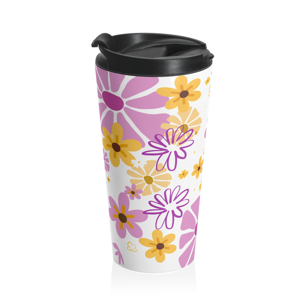 Floral Stainless Steel Travel Mug – Pink & Yellow Daisy Pattern