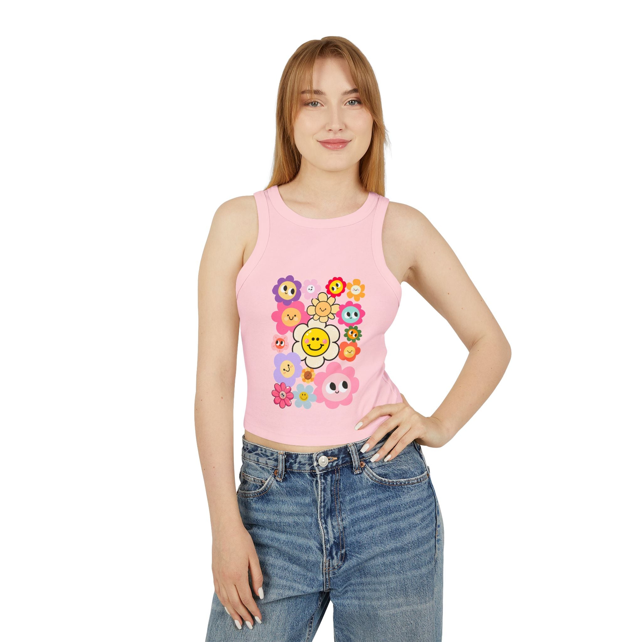 Smiley Flower Crop Tank — Cute Floral Smiley Graphic Racerback Tank