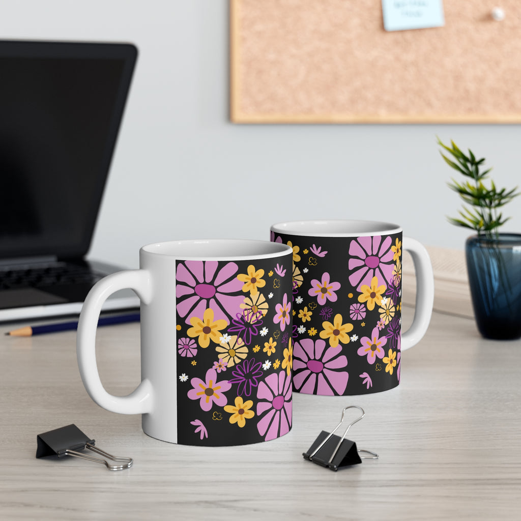 Floral Doodle Coffee Mug — Pink & Yellow Flowers on Black (11oz/15oz)