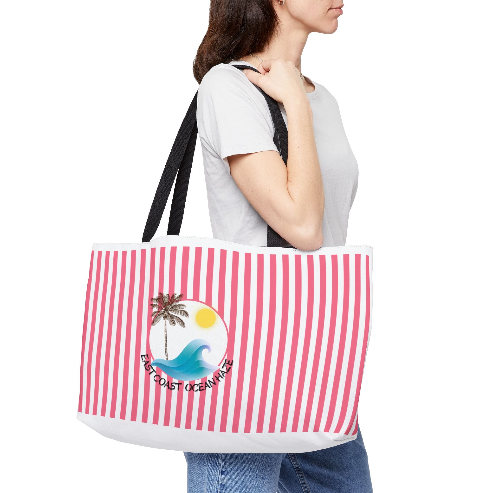 Weekender Tote Bag — Pink Striped Beach Tote with Palm Tree & 'Goodbye Oceans' Graphic