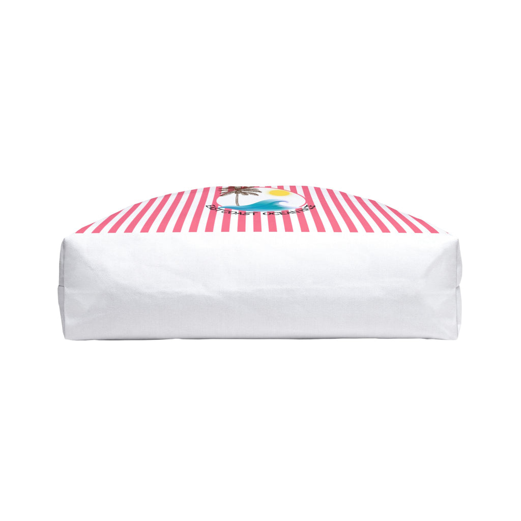 Weekender Tote Bag — Pink Striped Beach Tote with Palm Tree & 'Goodbye Oceans' Graphic