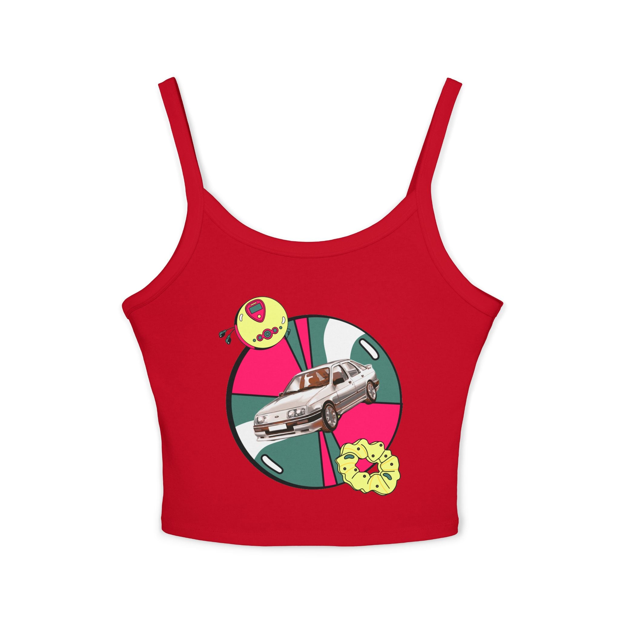Retro Car Crop Tank Top — Vintage Sedan Graphic Spaghetti Strap Top