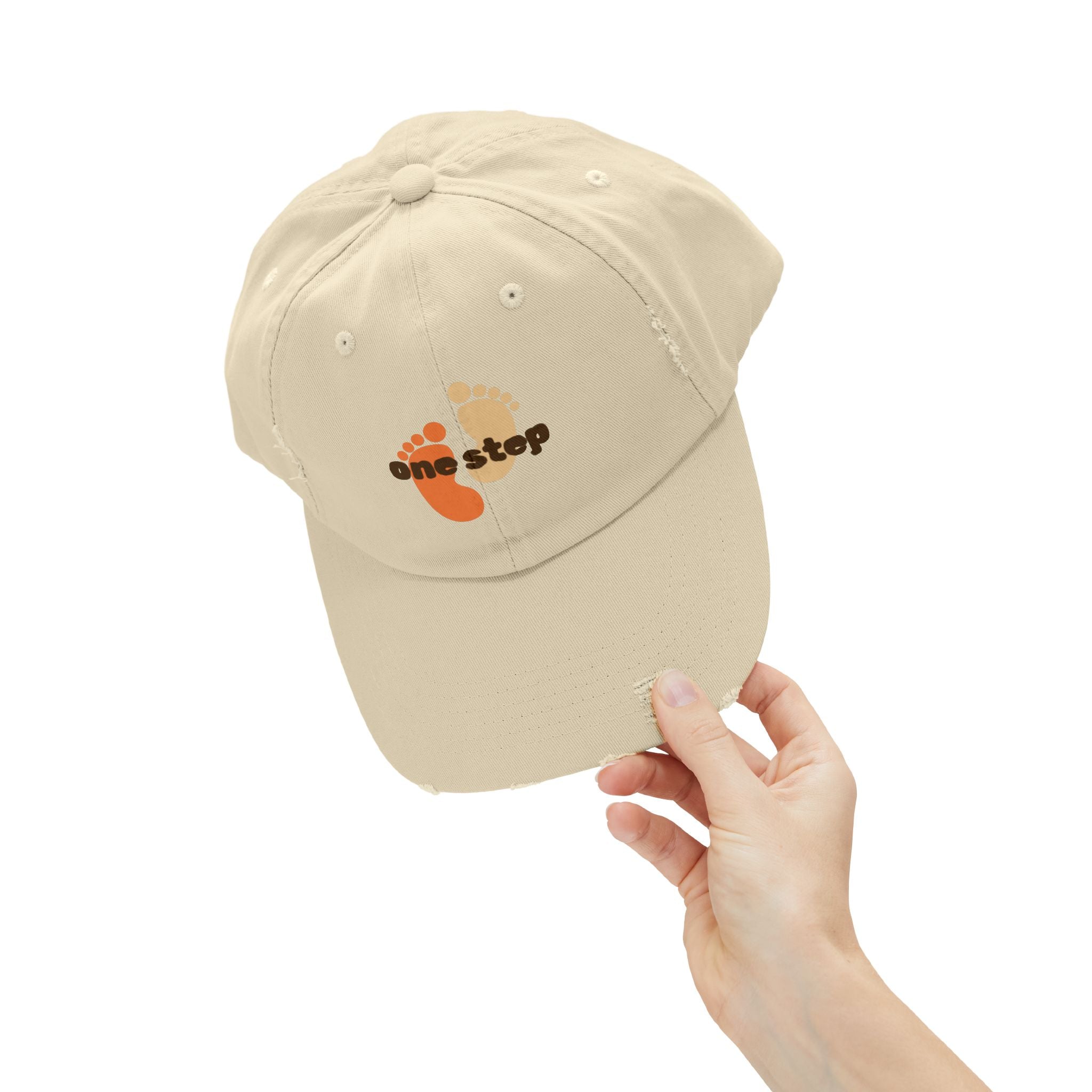 One Step Distressed Dad Hat — Retro Footprint Embroidered Cap