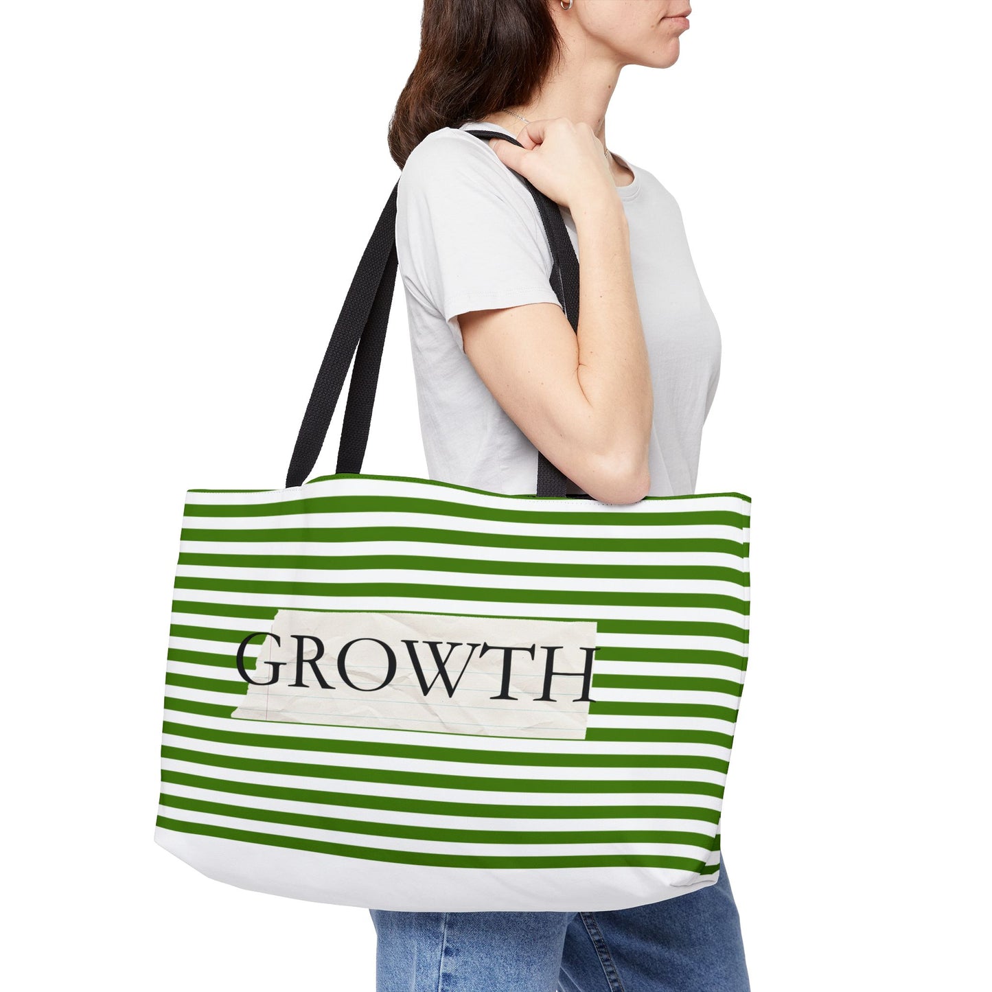 Growth Striped Weekender Tote Bag — Green Stripes Motivational Beach & Travel Bag