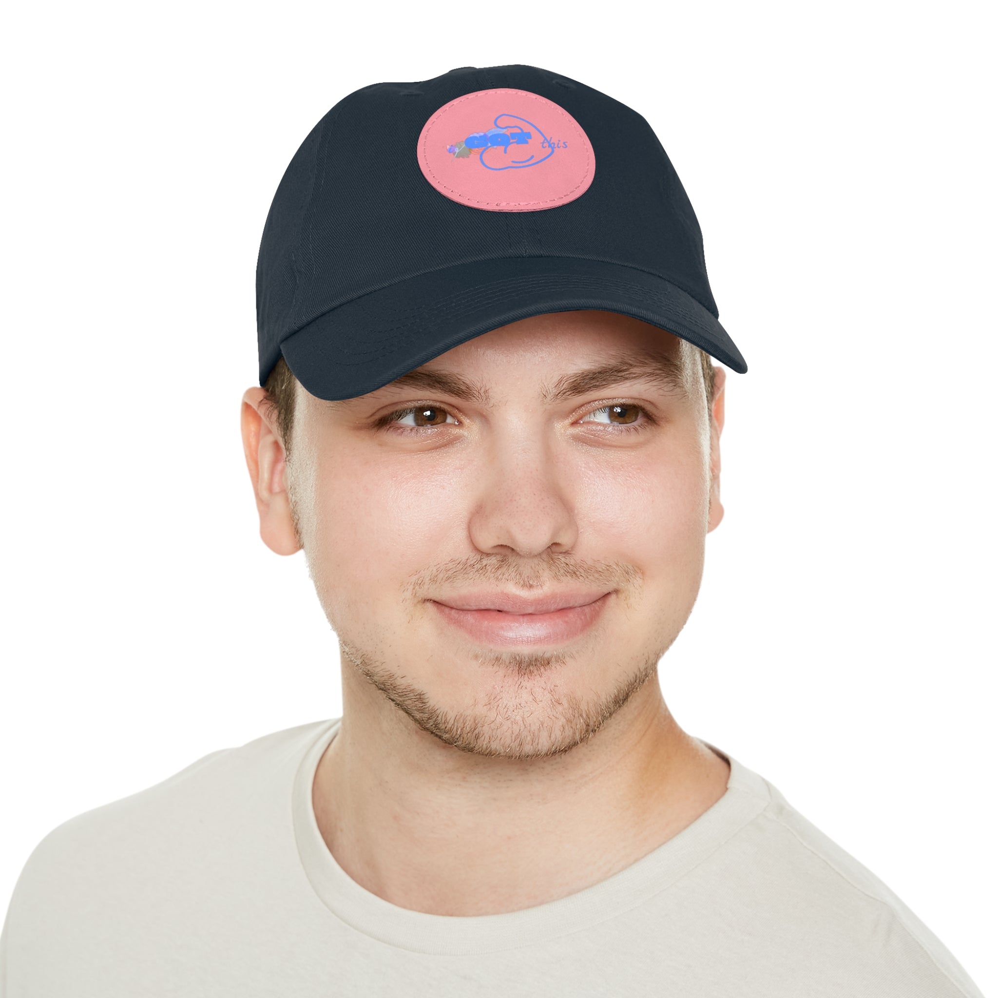 White Dad Hat with Round Leather Patch - Blue Abstract Fish Design