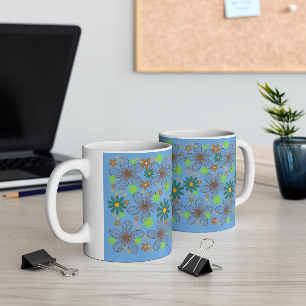 Blue Floral Ceramic Coffee Mug — Retro Daisy Pattern, 11oz & 15oz