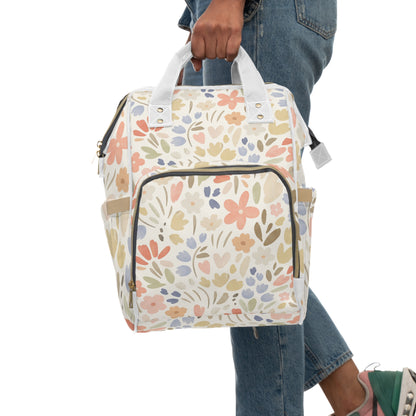 Floral Multifunctional Diaper Backpack — Pastel Garden Baby Bag with Changing Mat