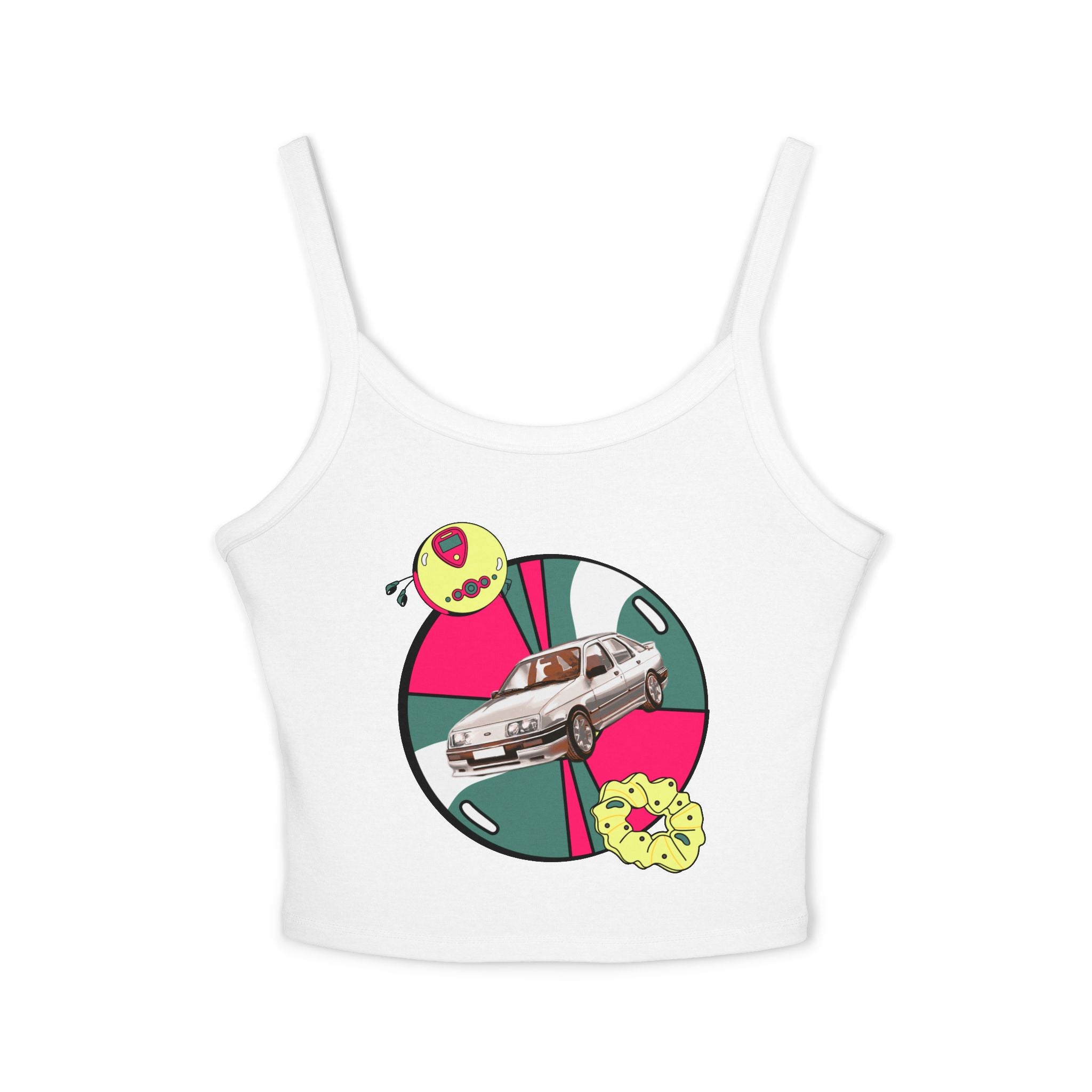 Retro Car Crop Tank Top — Vintage Sedan Graphic Spaghetti Strap Top