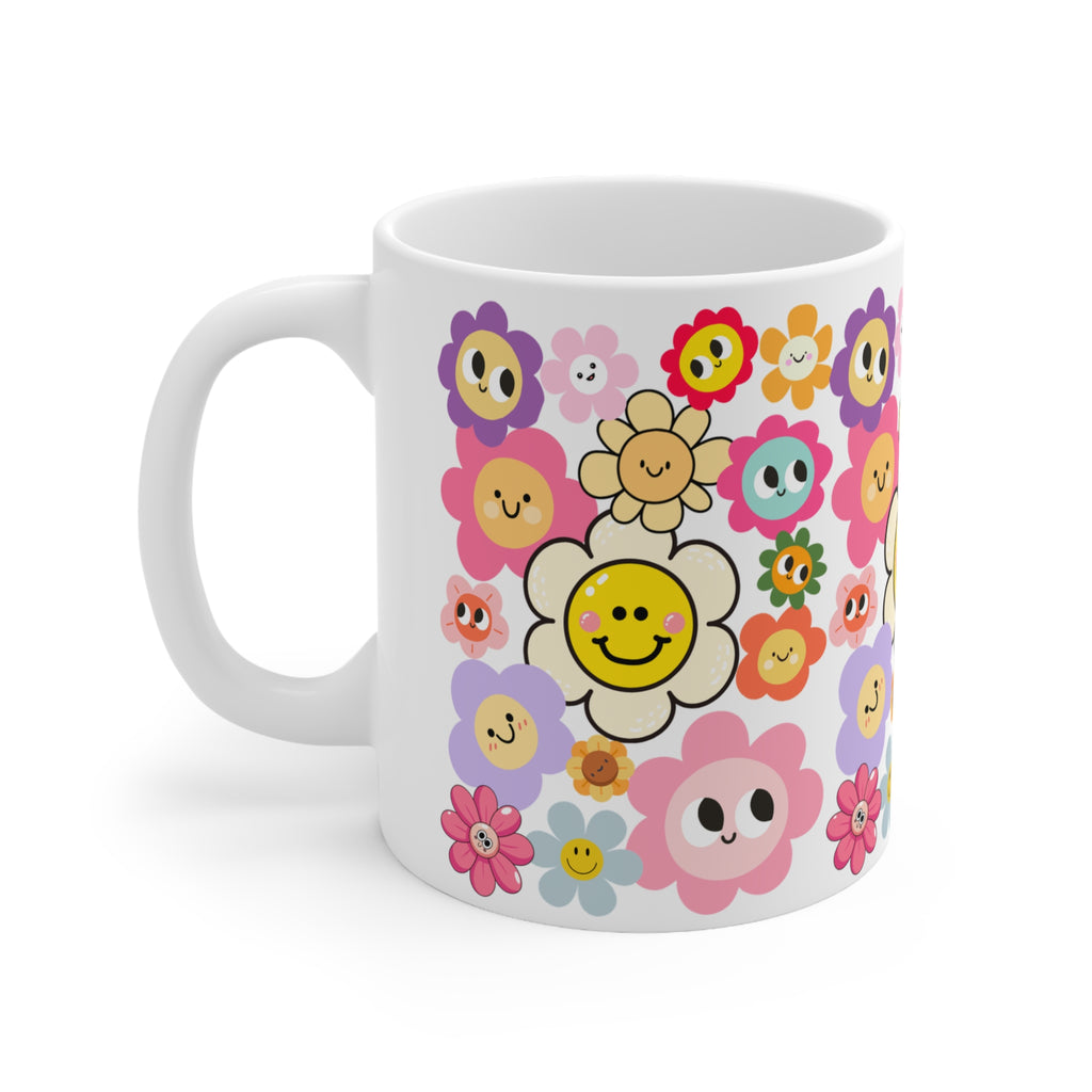 Happy Daisy Floral Coffee Mug — Cute Smiley Flower Pattern (11oz & 15oz)