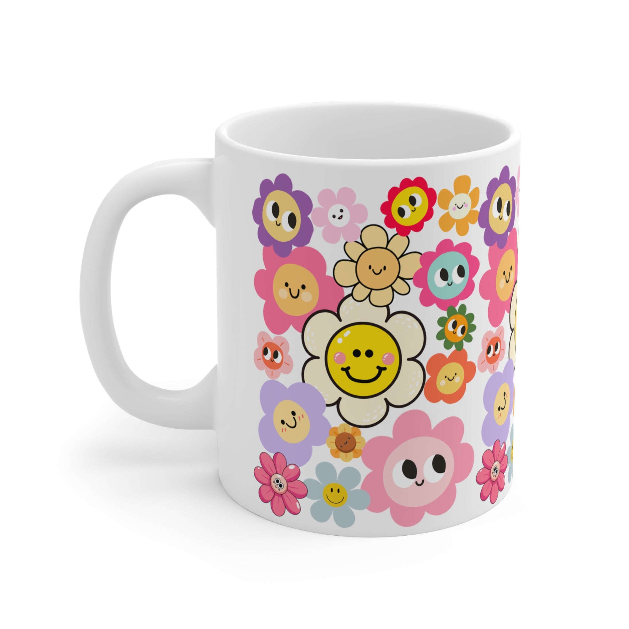 Happy Daisy Floral Coffee Mug — Cute Smiley Flower Pattern (11oz & 15oz)