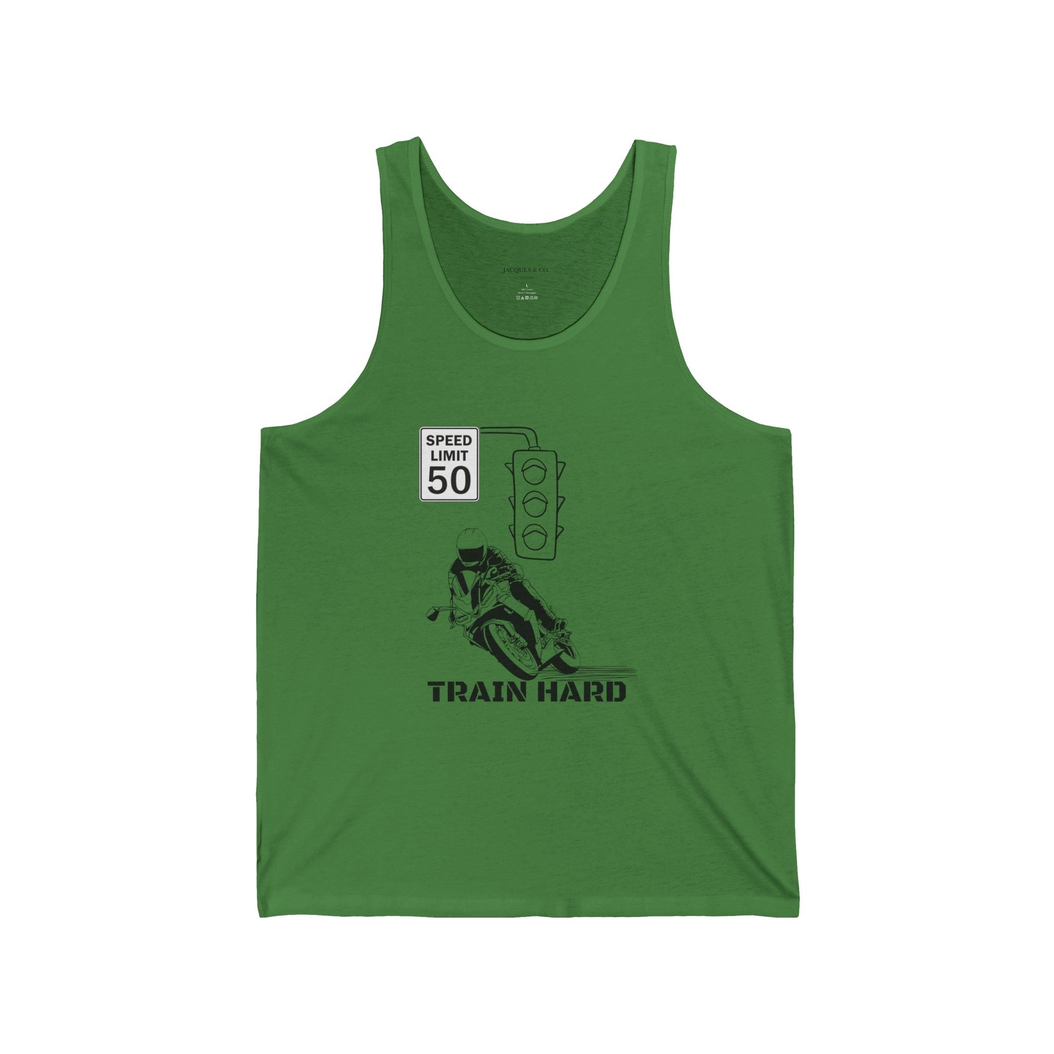 Train Hard Racerback Tank Top – Running Wolf Graphic, Speed Limit 50