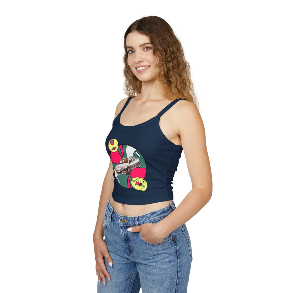 Retro Car Crop Tank Top — Vintage Sedan Graphic Spaghetti Strap Top