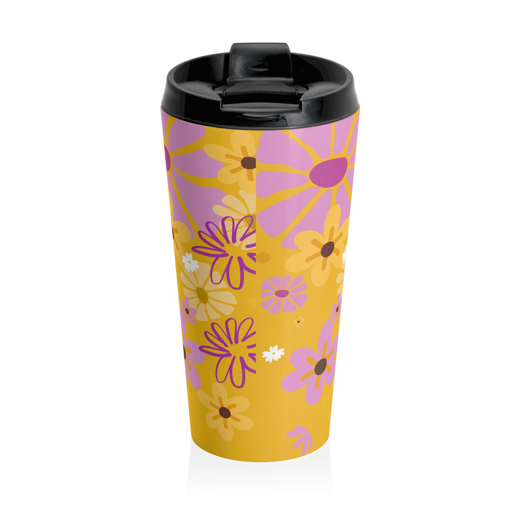 Floral Retro Travel Mug — Yellow Pink Daisy Stainless Steel Tumbler