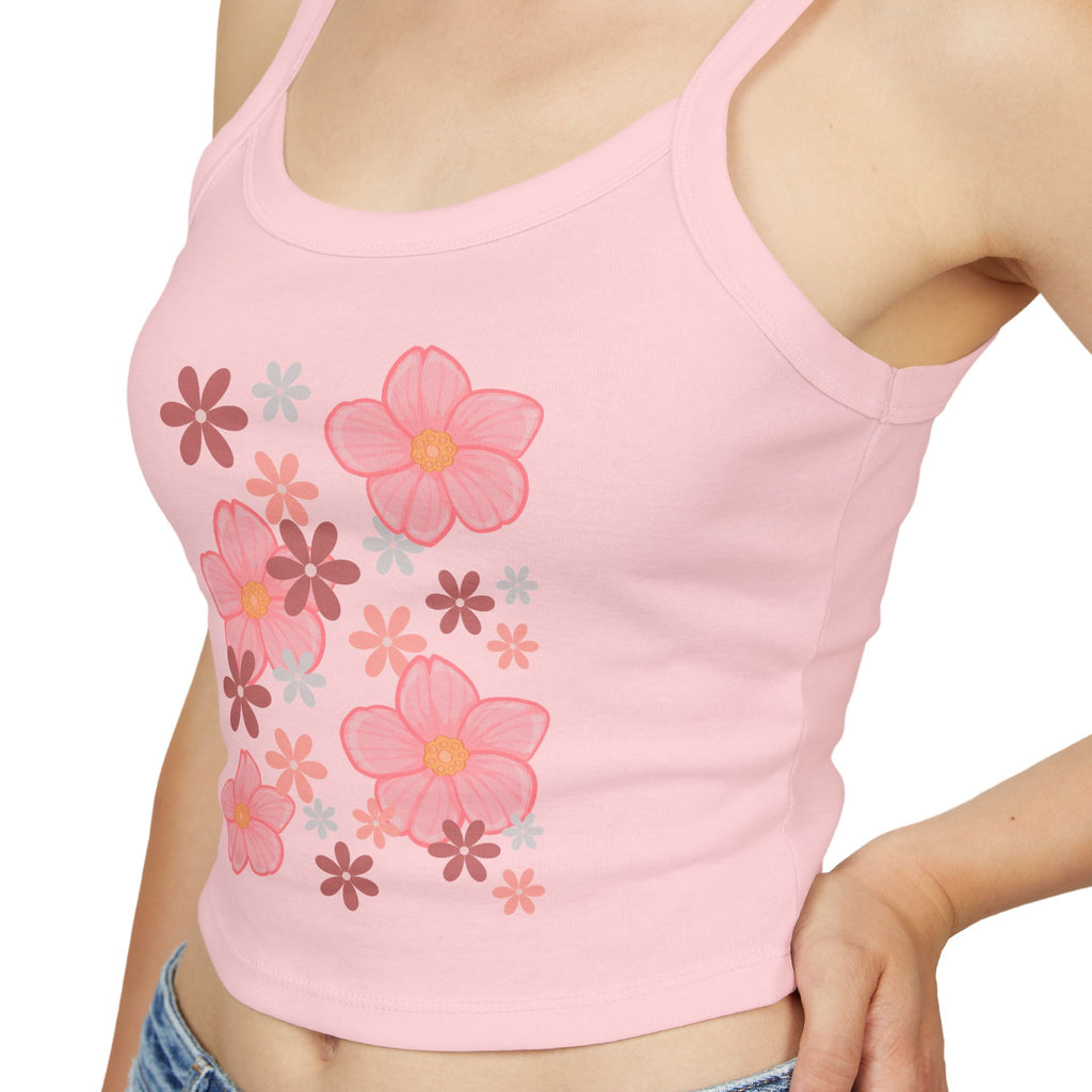 Floral Bloom Spaghetti Strap Tank — Pink Retro Flower Graphic