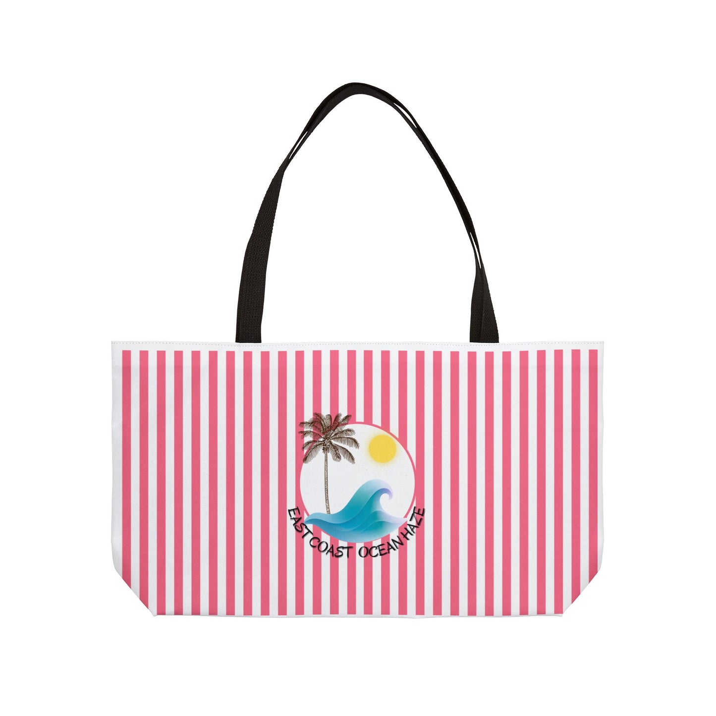Weekender Tote Bag — Pink Striped Beach Tote with Palm Tree & 'Goodbye Oceans' Graphic