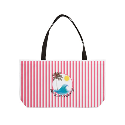 Weekender Tote Bag — Pink Striped Beach Tote with Palm Tree & 'Goodbye Oceans' Graphic
