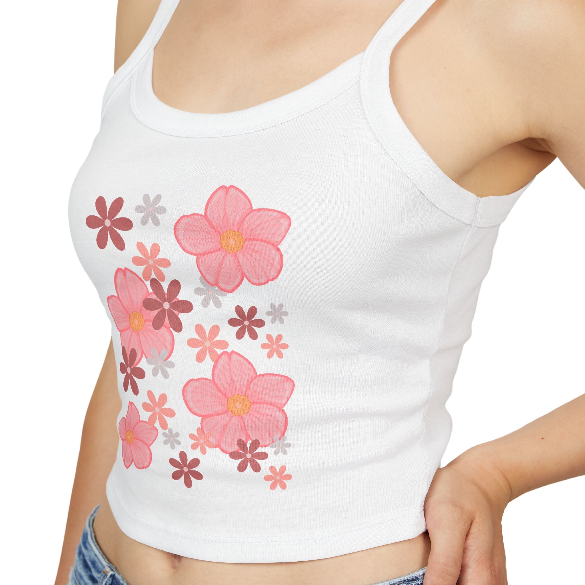 Floral Bloom Spaghetti Strap Tank — Pink Retro Flower Graphic