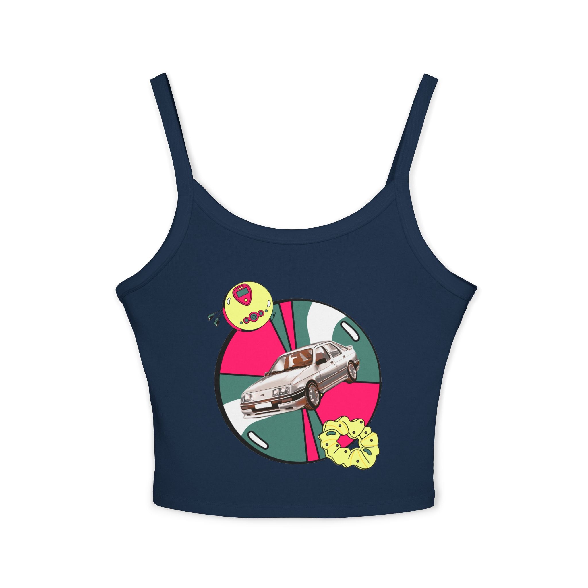 Retro Car Crop Tank Top — Vintage Sedan Graphic Spaghetti Strap Top