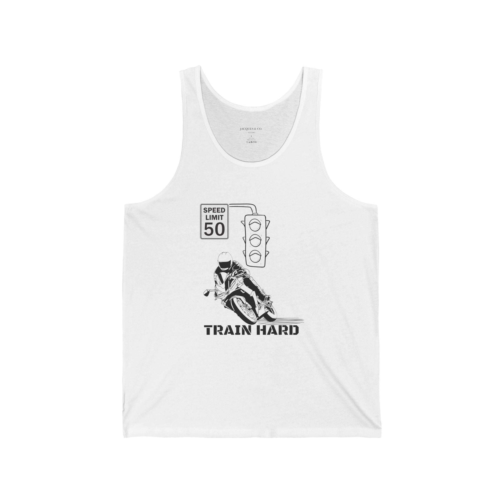 Train Hard Racerback Tank Top – Running Wolf Graphic, Speed Limit 50