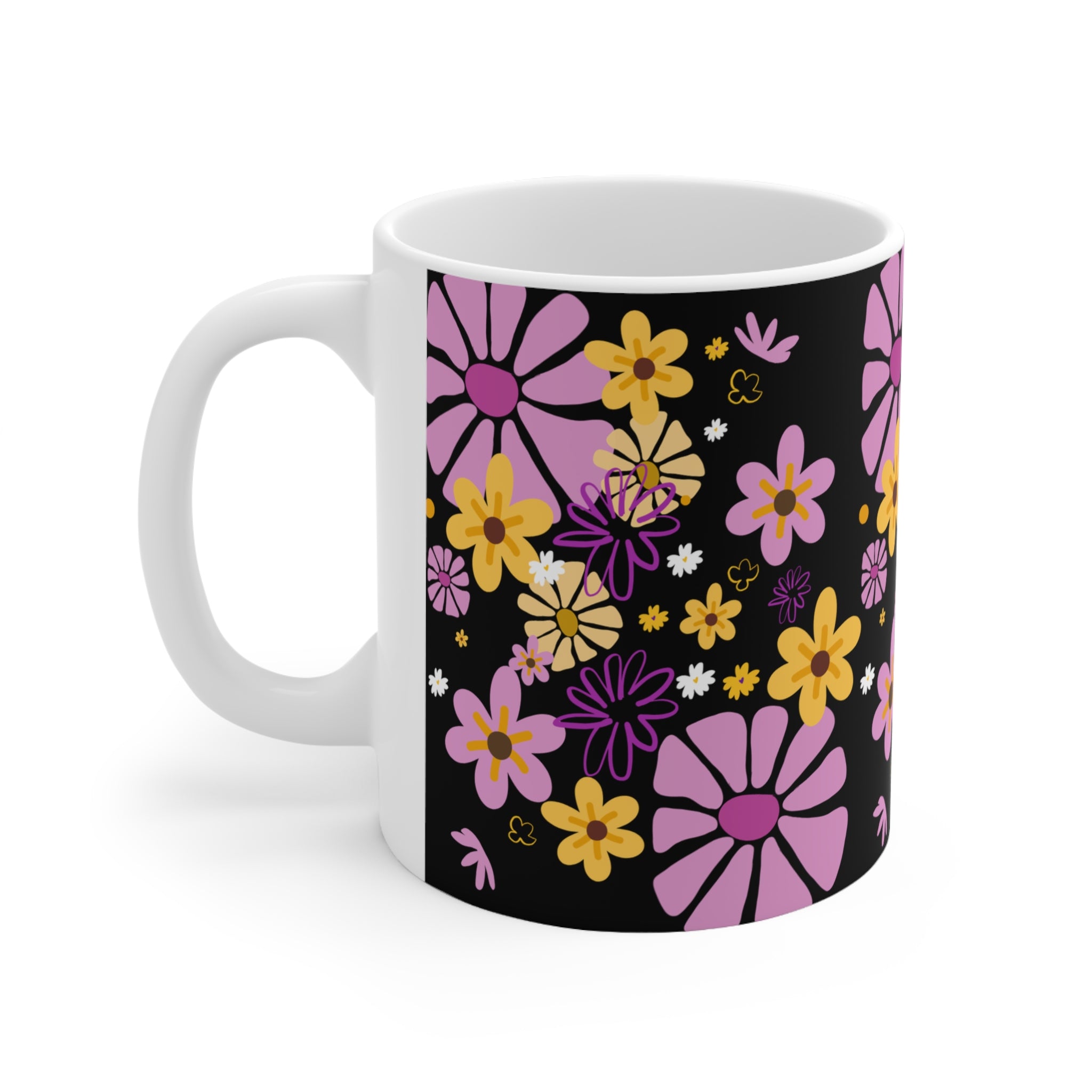 Floral Doodle Coffee Mug — Pink & Yellow Flowers on Black (11oz/15oz)