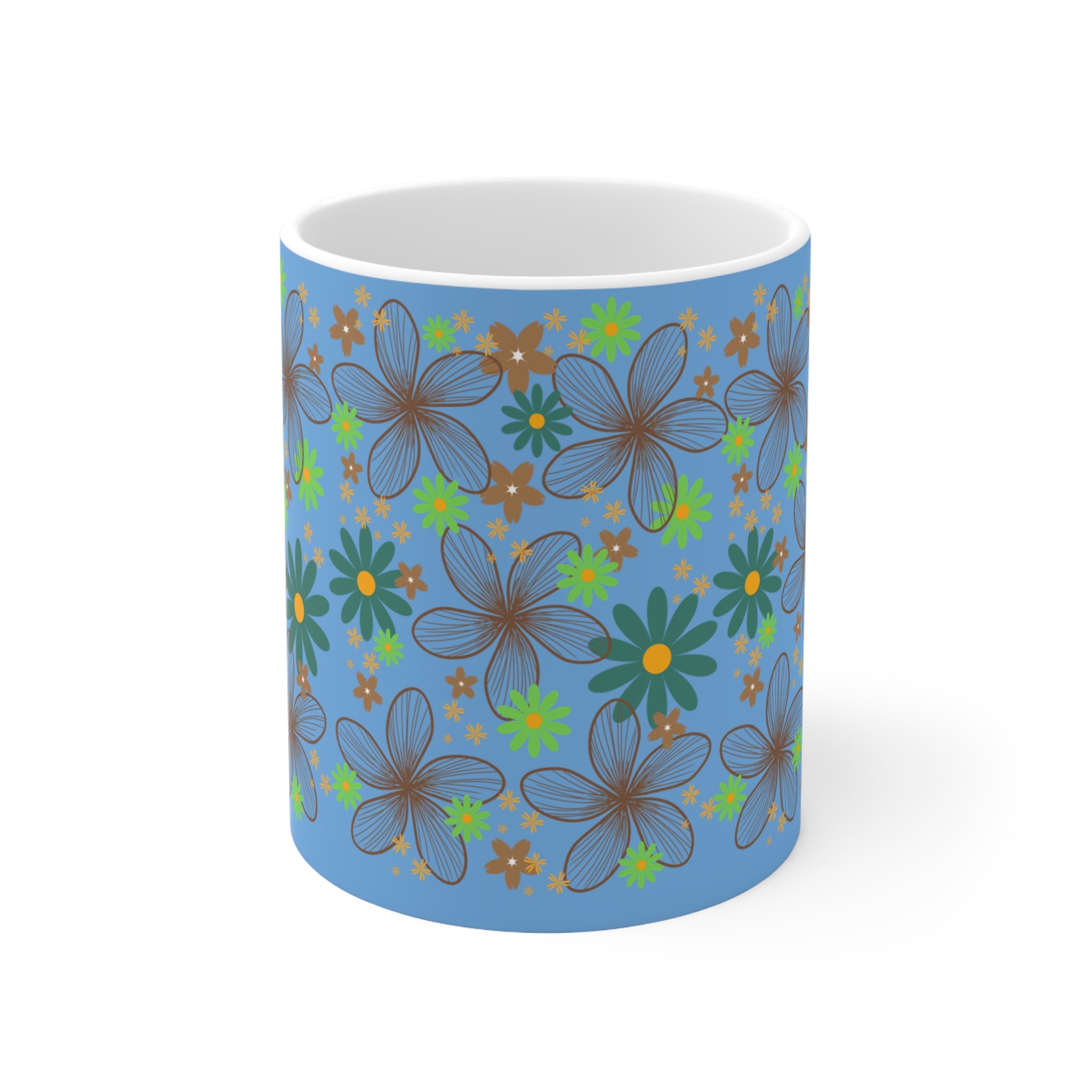 Blue Floral Ceramic Coffee Mug — Retro Daisy Pattern, 11oz & 15oz