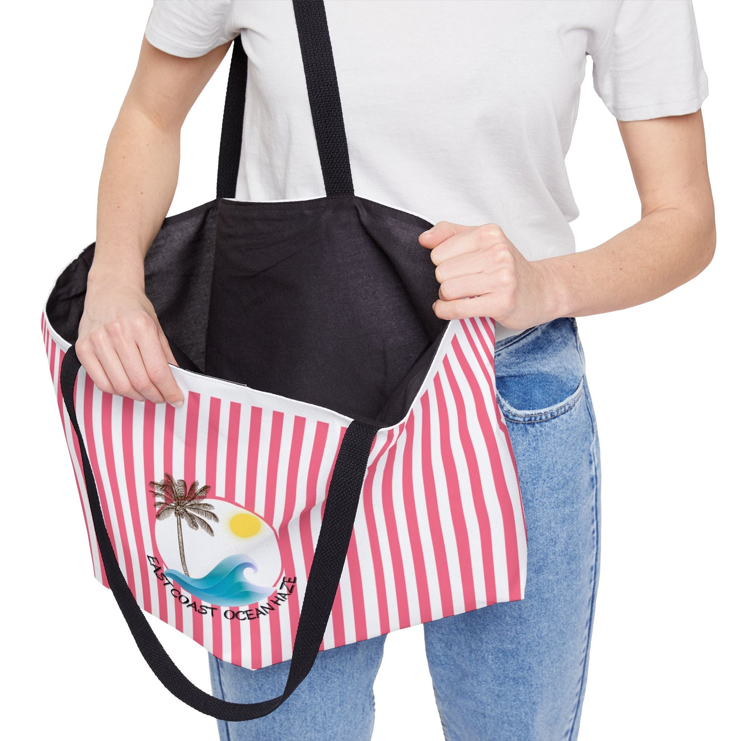 Weekender Tote Bag — Pink Striped Beach Tote with Palm Tree & 'Goodbye Oceans' Graphic