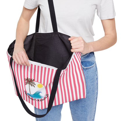 Weekender Tote Bag — Pink Striped Beach Tote with Palm Tree & 'Goodbye Oceans' Graphic