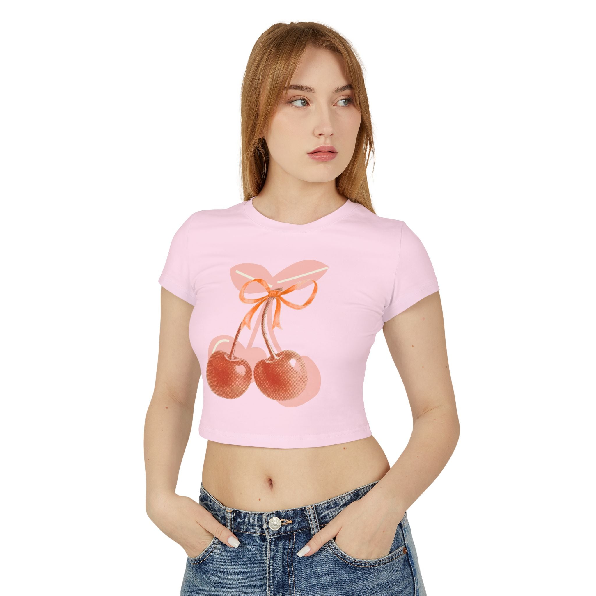 Cherry Bow Crop Tee — Cute Pink Watercolor Fruit Graphic Women's Baby Tee
