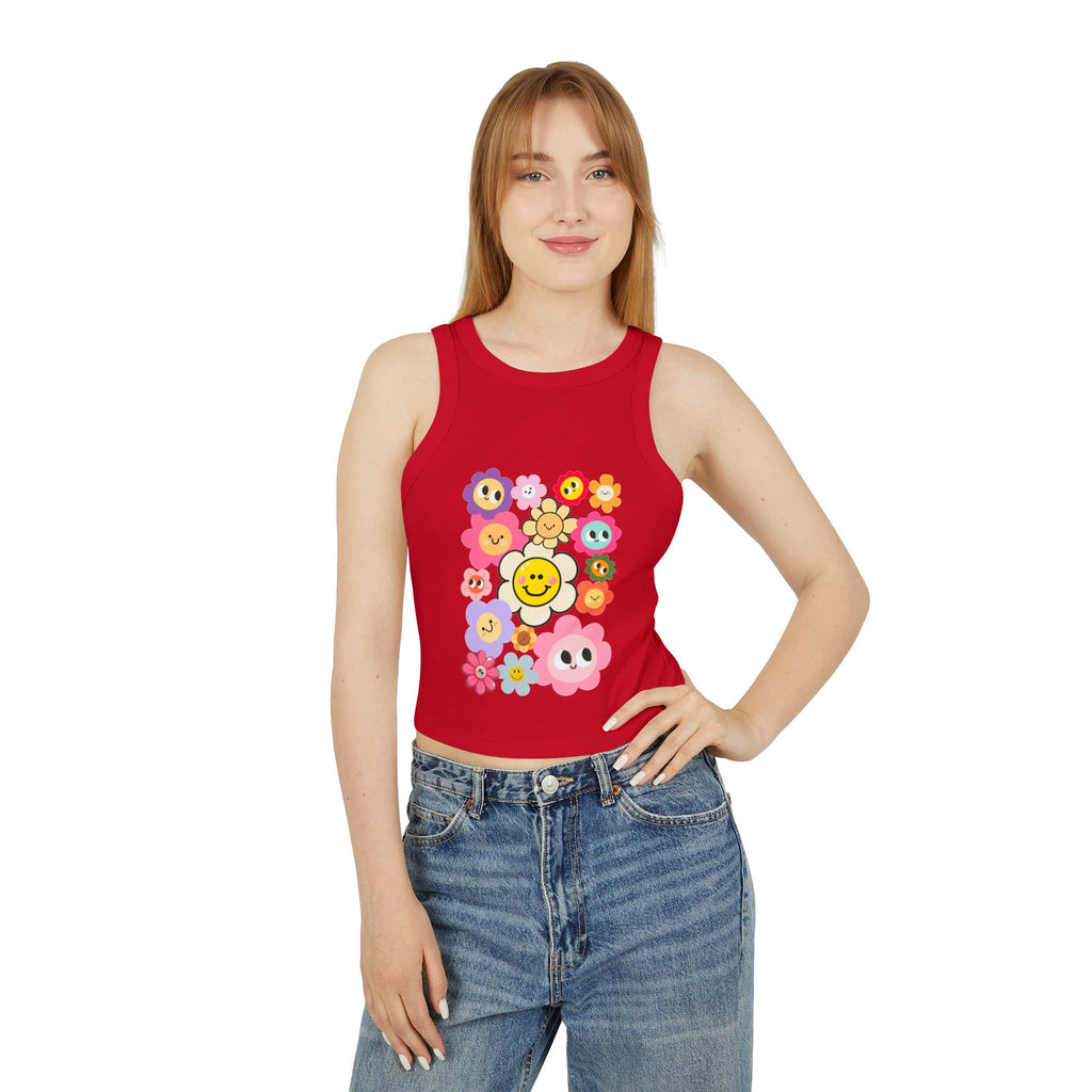 Smiley Flower Crop Tank — Cute Floral Smiley Graphic Racerback Tank