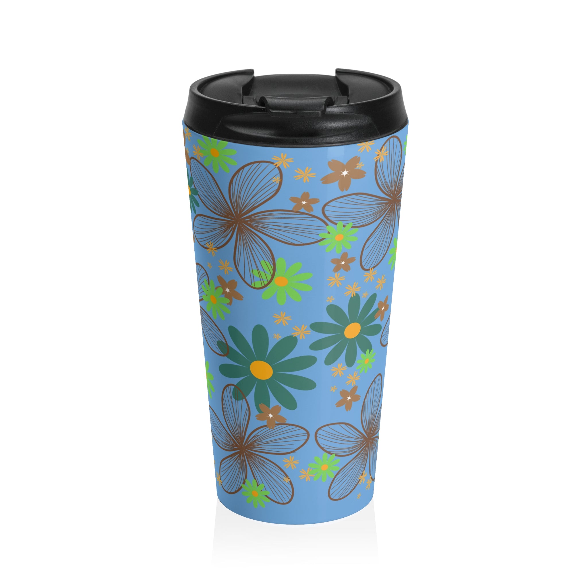 Floral Breeze Stainless Steel Travel Mug — Blue Vintage Flower Pattern
