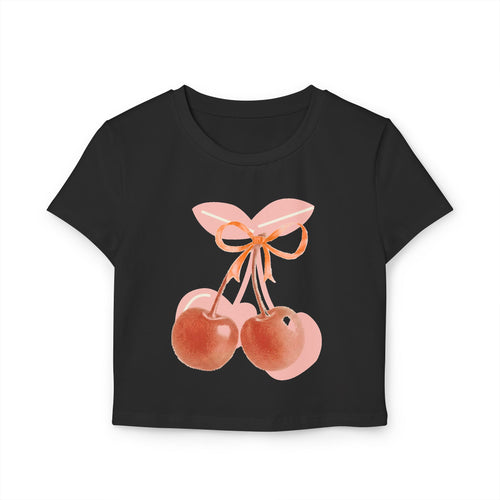 Cherry Bow Crop Tee — Cute Pink Watercolor Fruit Graphic Women's Baby Tee
