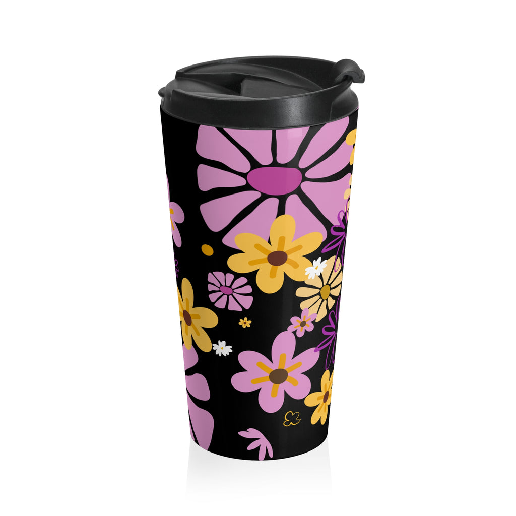 Floral Retro Stainless Steel Travel Mug – Pink & Yellow Daisies on Black