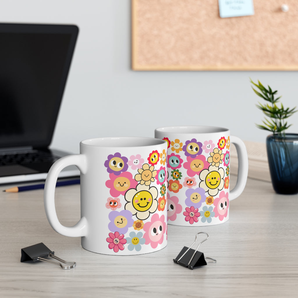 Happy Daisy Floral Coffee Mug — Cute Smiley Flower Pattern (11oz & 15oz)