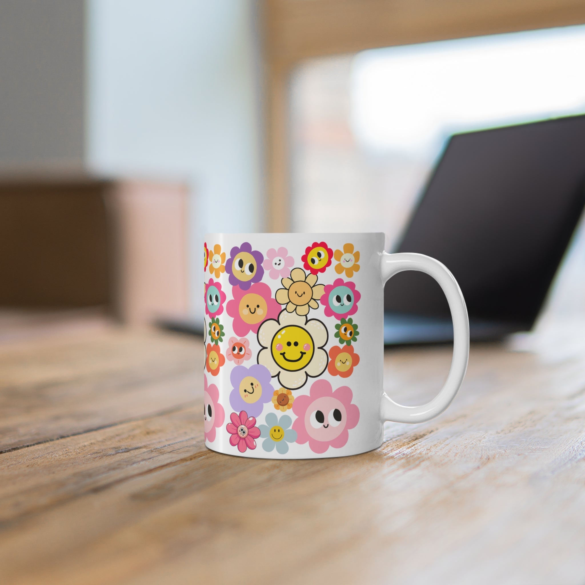 Happy Daisy Floral Coffee Mug — Cute Smiley Flower Pattern (11oz & 15oz)