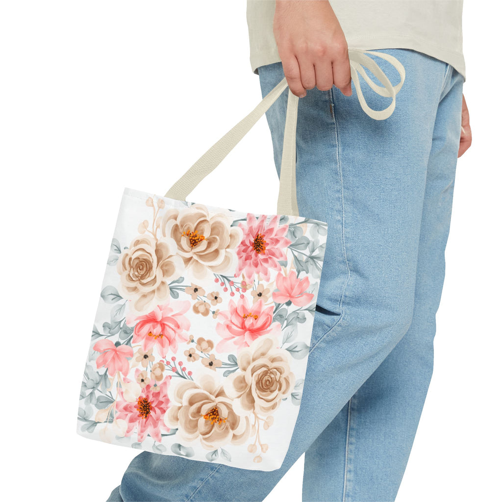 Floral Watercolor Tote Bag — Pink & Beige Garden Roses All-Over Print