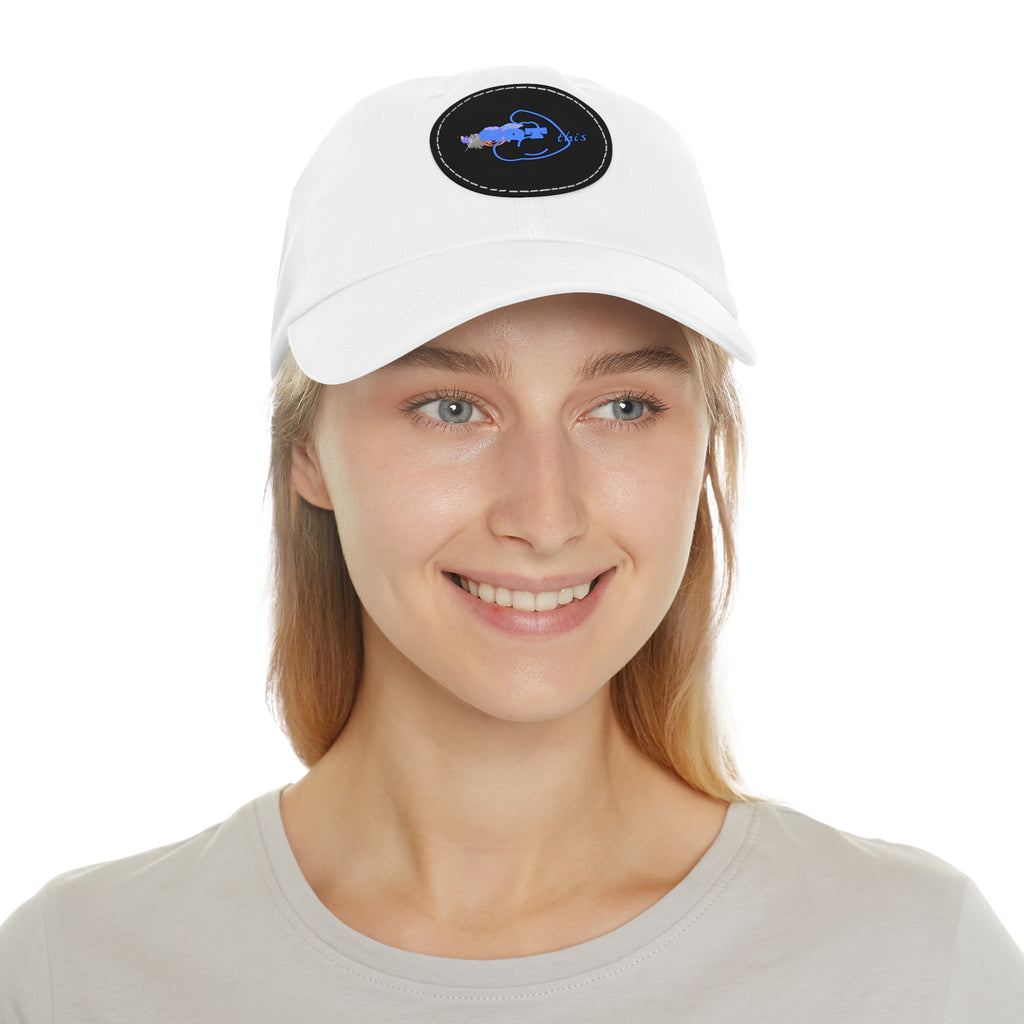 White Dad Hat with Round Leather Patch - Blue Abstract Fish Design