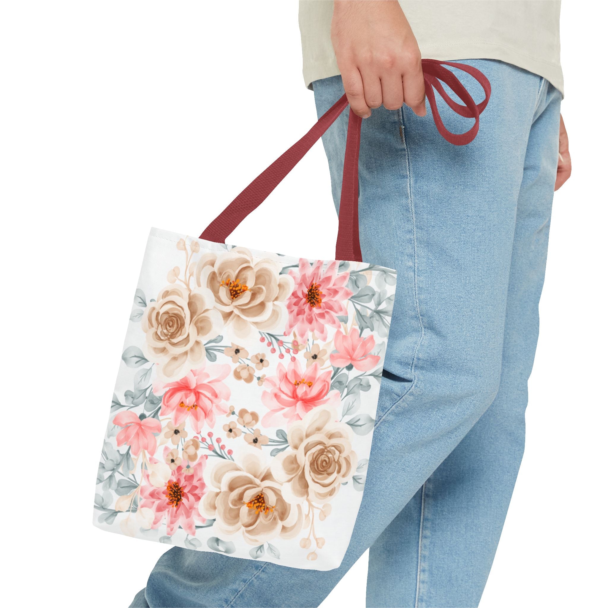 Floral Watercolor Tote Bag — Pink & Beige Garden Roses All-Over Print