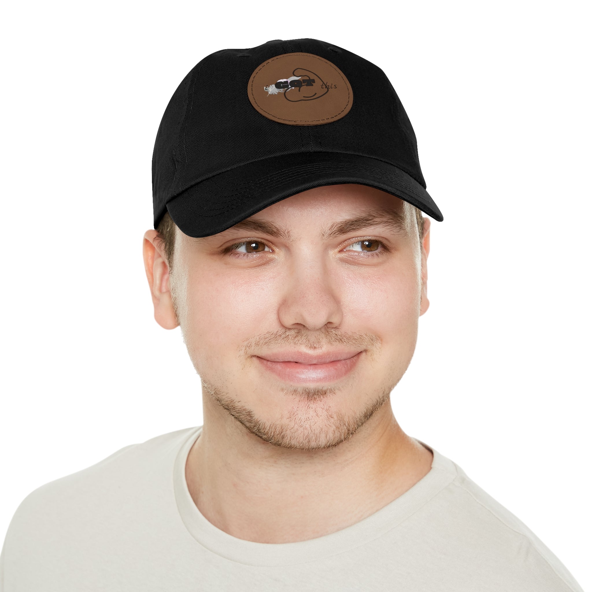 White Dad Hat with Round Leather Patch - Blue Abstract Fish Design