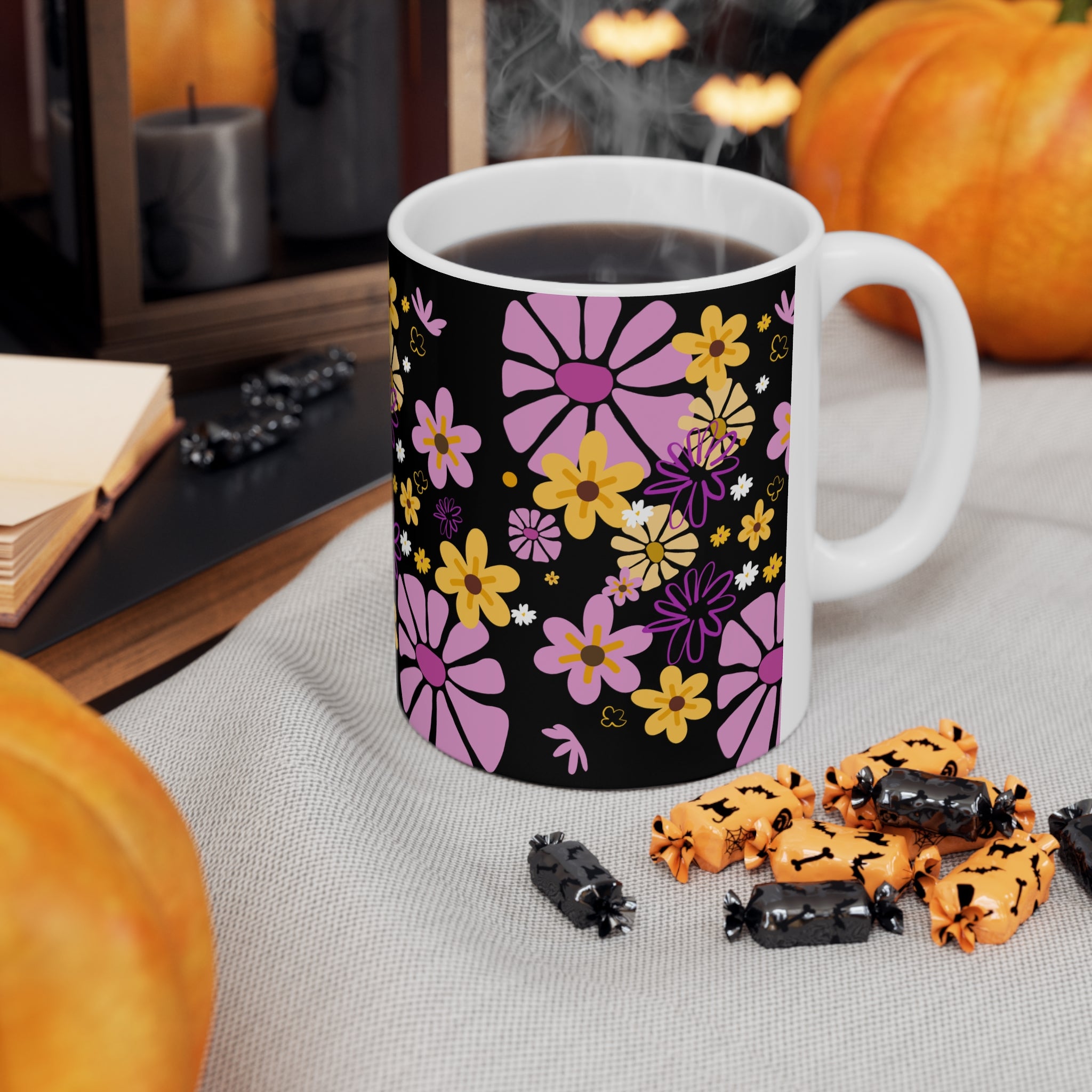 Floral Doodle Coffee Mug — Pink & Yellow Flowers on Black (11oz/15oz)