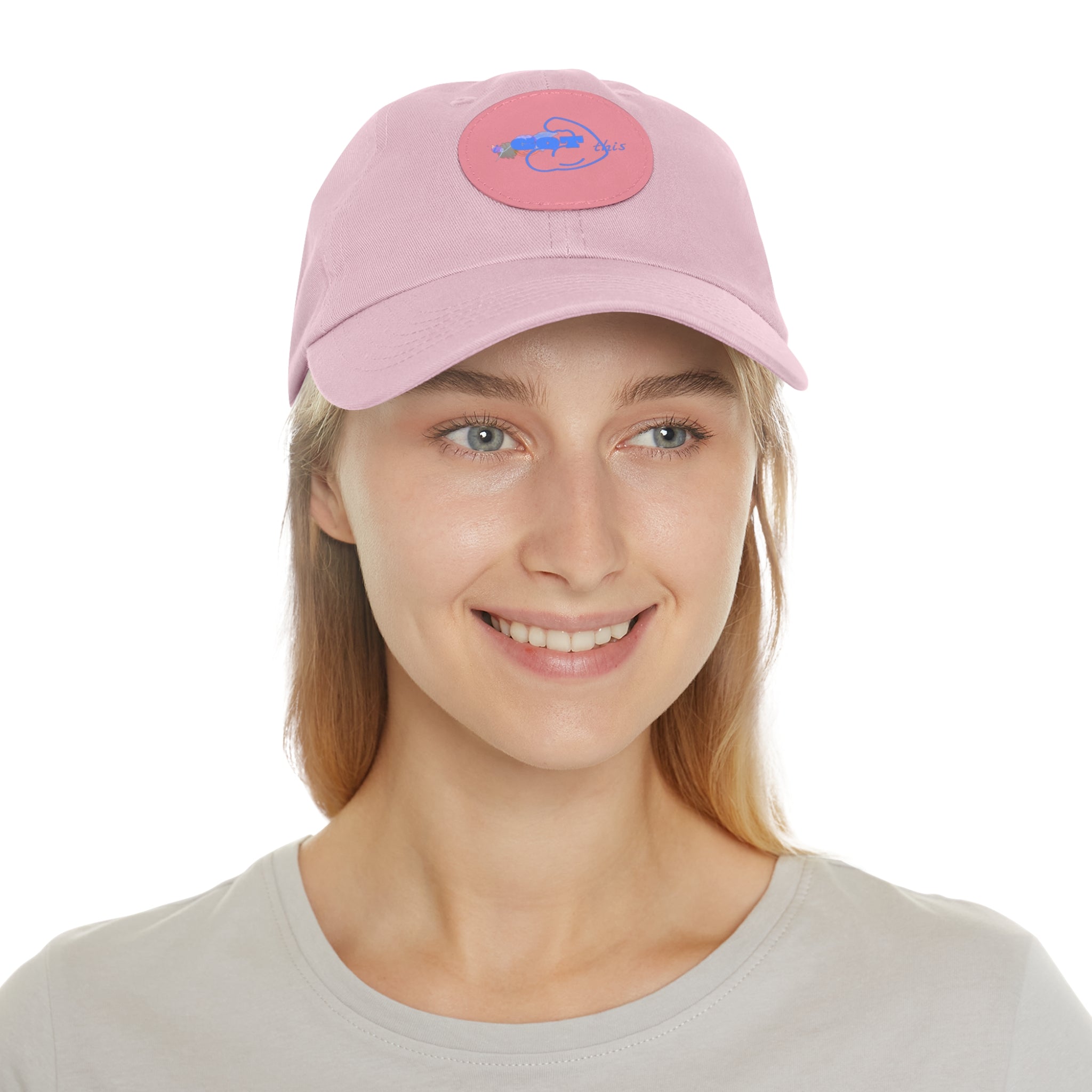 White Dad Hat with Round Leather Patch - Blue Abstract Fish Design