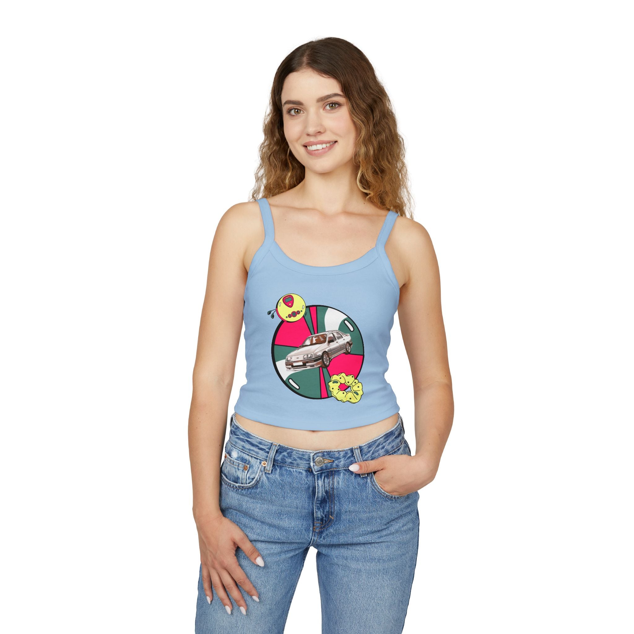 Retro Car Crop Tank Top — Vintage Sedan Graphic Spaghetti Strap Top