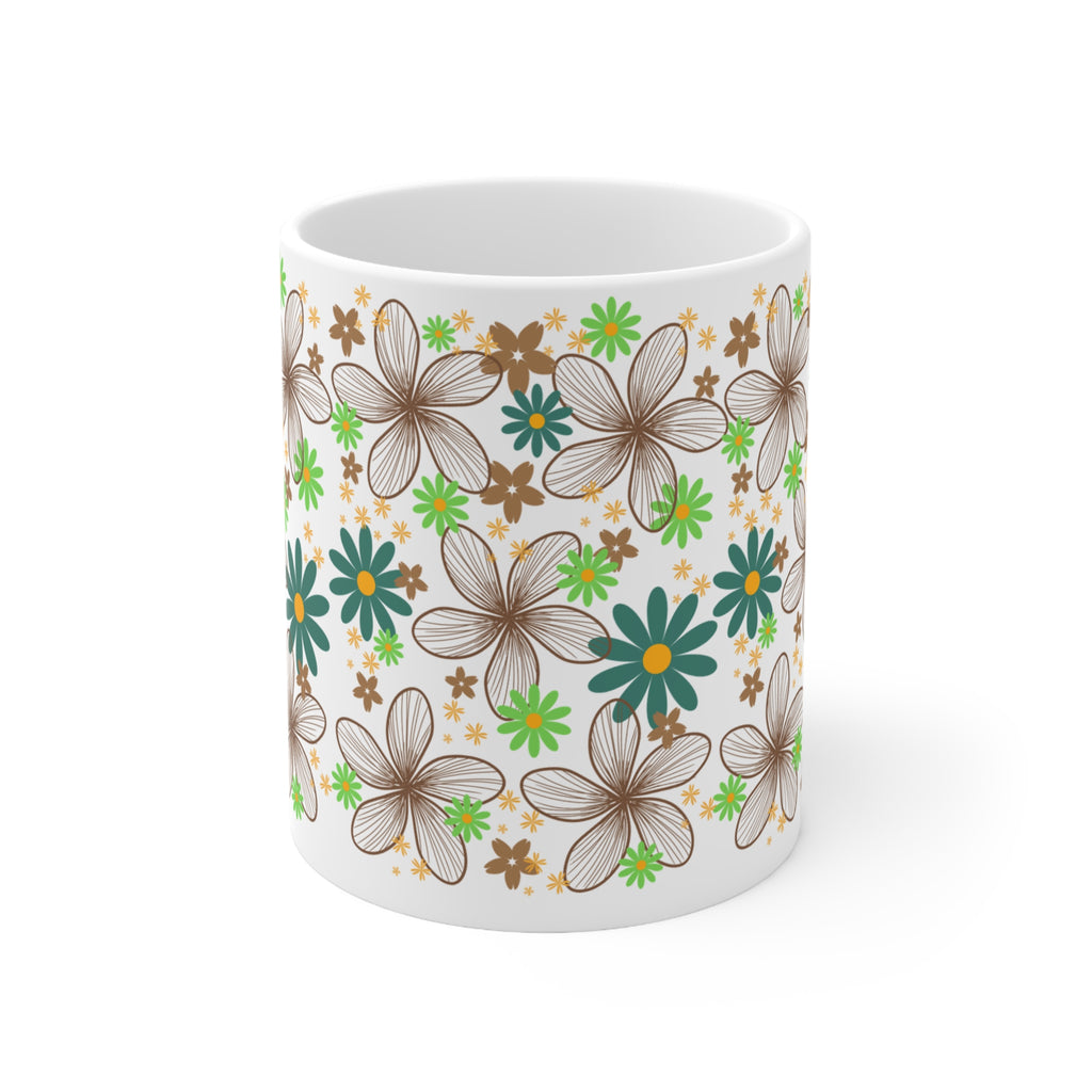 Floral Retro Ceramic Mug — Brown, Teal & Green Flower Pattern (11oz & 15oz)