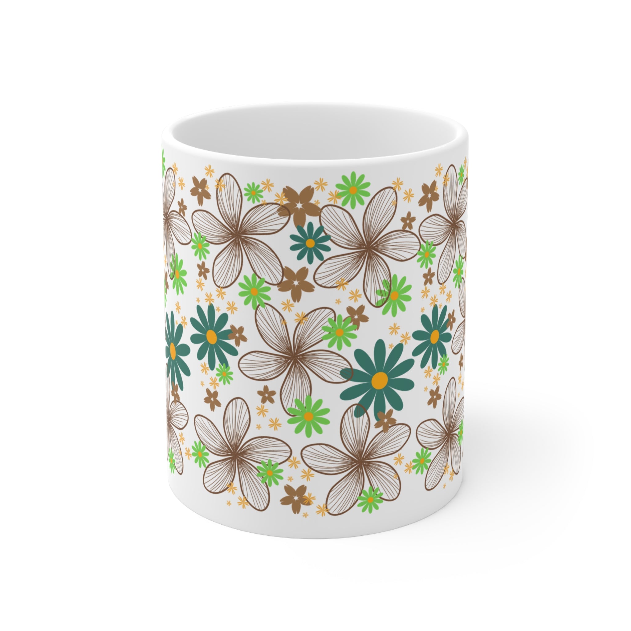Floral Retro Ceramic Mug — Brown, Teal & Green Flower Pattern (11oz & 15oz)