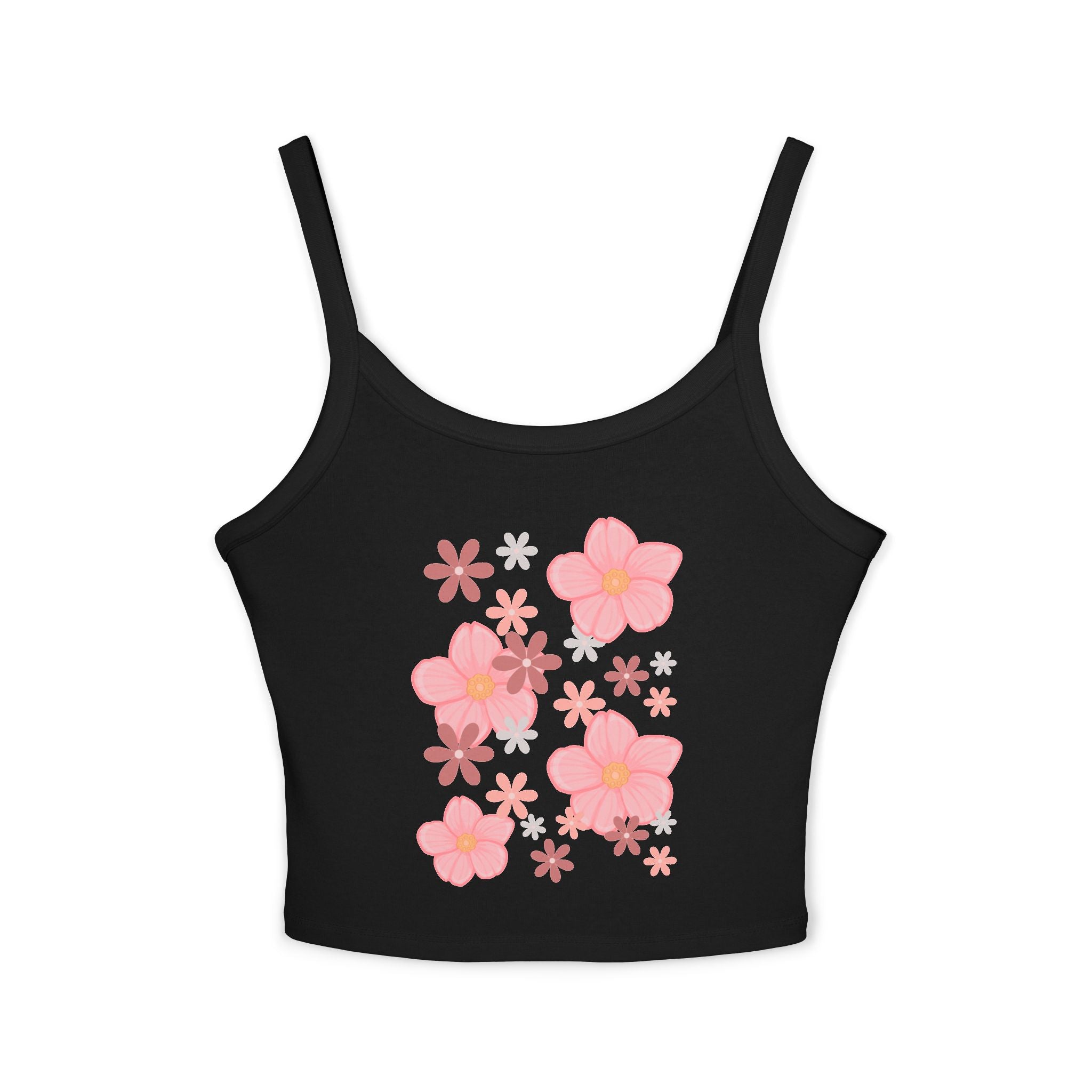 Floral Bloom Spaghetti Strap Tank — Pink Retro Flower Graphic