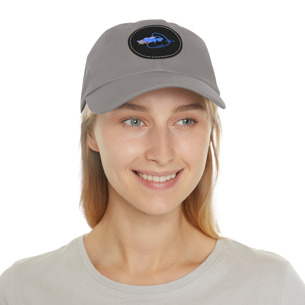 White Dad Hat with Round Leather Patch - Blue Abstract Fish Design