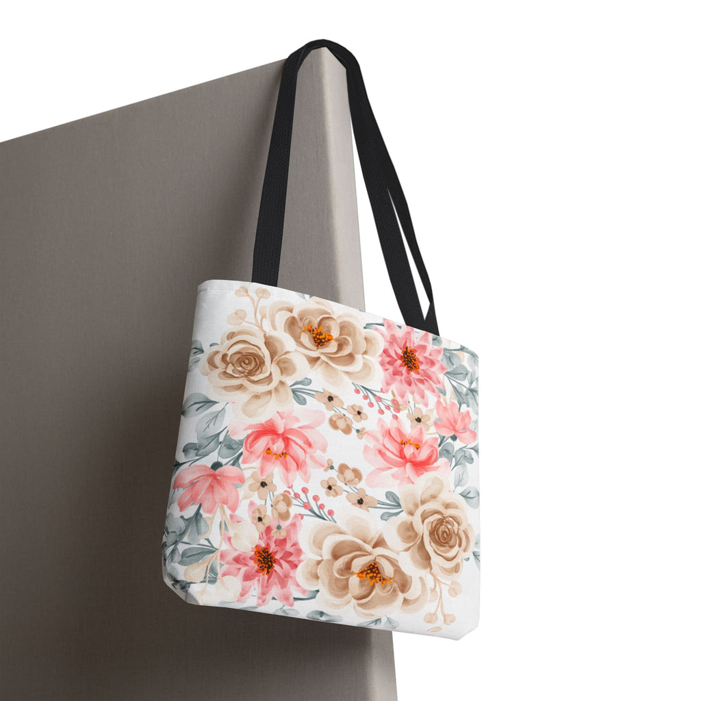 Floral Watercolor Tote Bag — Pink & Beige Garden Roses All-Over Print