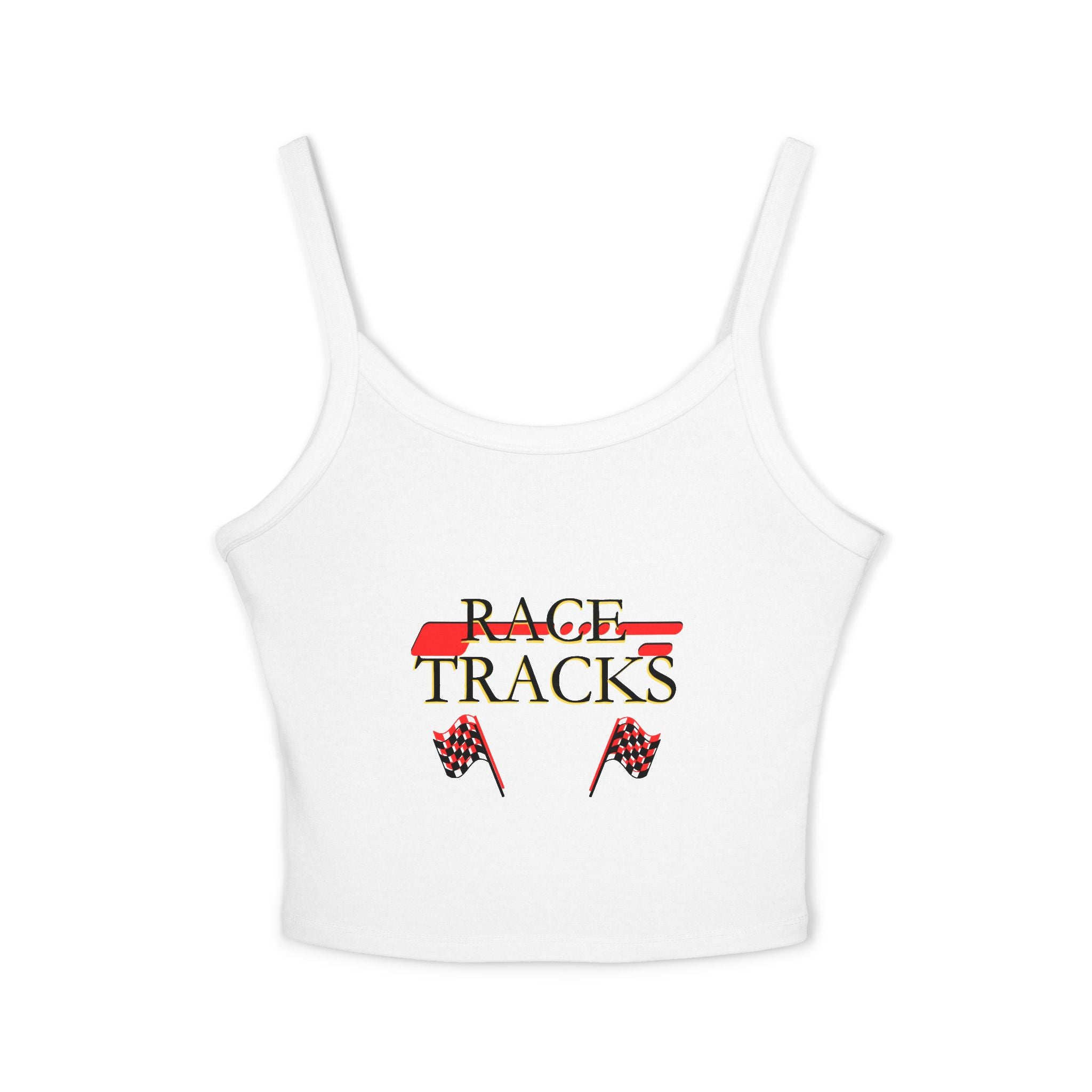 Race Tracks Crop Tank Top — Racing Flag Graphic Womens Spaghetti Strap Tank